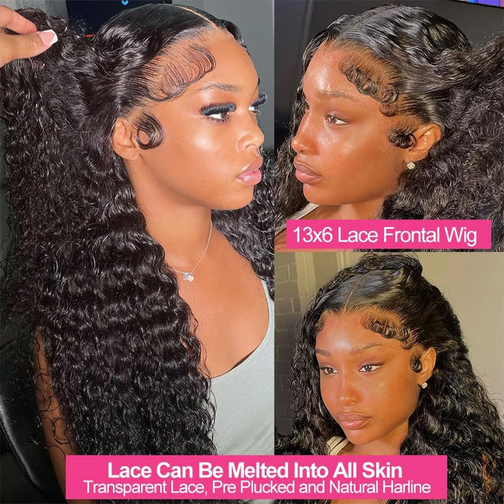 13X6 Deep Wave Lace Front Wigs Human Hair 220 Density Deep Curly Lace Front Wigs Human Hair Glueless Transparent Lace Frontal Wig for Women Pre Plucked with Baby Hair Natural Black (26 Inch)