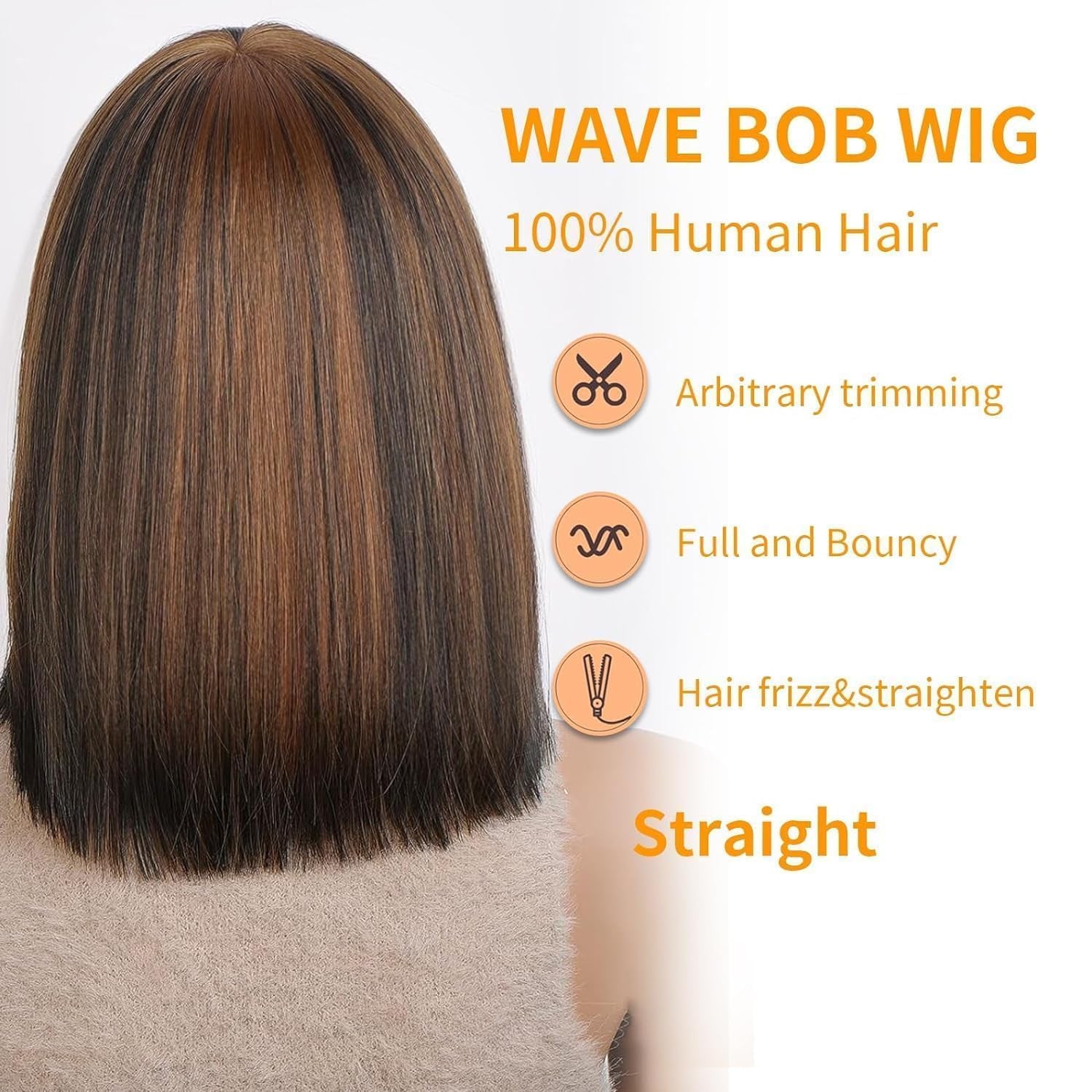 Bob Wig Human Hair with Bangs Glueless 2.5X1 HD Lace Colsure Wigs Human,Yaki Bob Wig with Brown Highlights, Ready to Go Short Wigs for Women Beginner Friendly