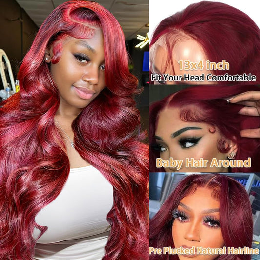 99J Burgundy Lace Front Wigs Human Hair 13X4 Lace Front Wigs Body Wave Wigs 180 Density HD Transparent Glueless Wigs Human Hair Pre Plucked with Baby Hair 22 Inch