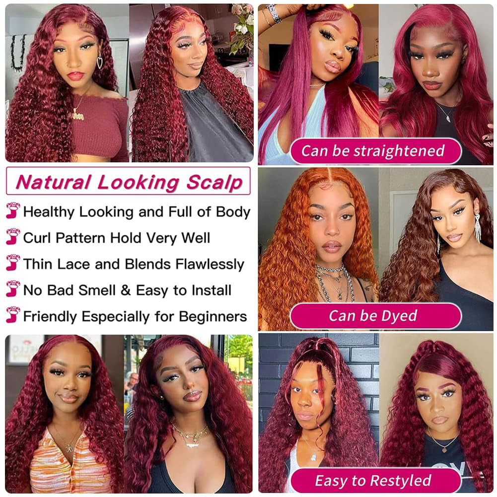 Burgundy Lace Front Wigs Human Hair 180% Density 13X4 Deep Wave Red Wig Human Hair Pre Plucked 99J Brazilian Virgin HD Lace Frontal Human Hair Wig Natural Hairline(Burgundy,22 Inch)