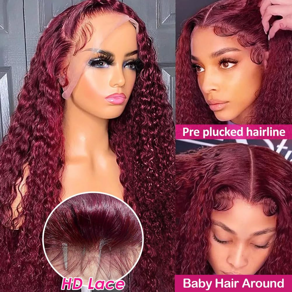 Burgundy Lace Front Wigs Human Hair 180% Density 13X4 Deep Wave Red Wig Human Hair Pre Plucked 99J Brazilian Virgin HD Lace Frontal Human Hair Wig Natural Hairline(Burgundy,22 Inch)