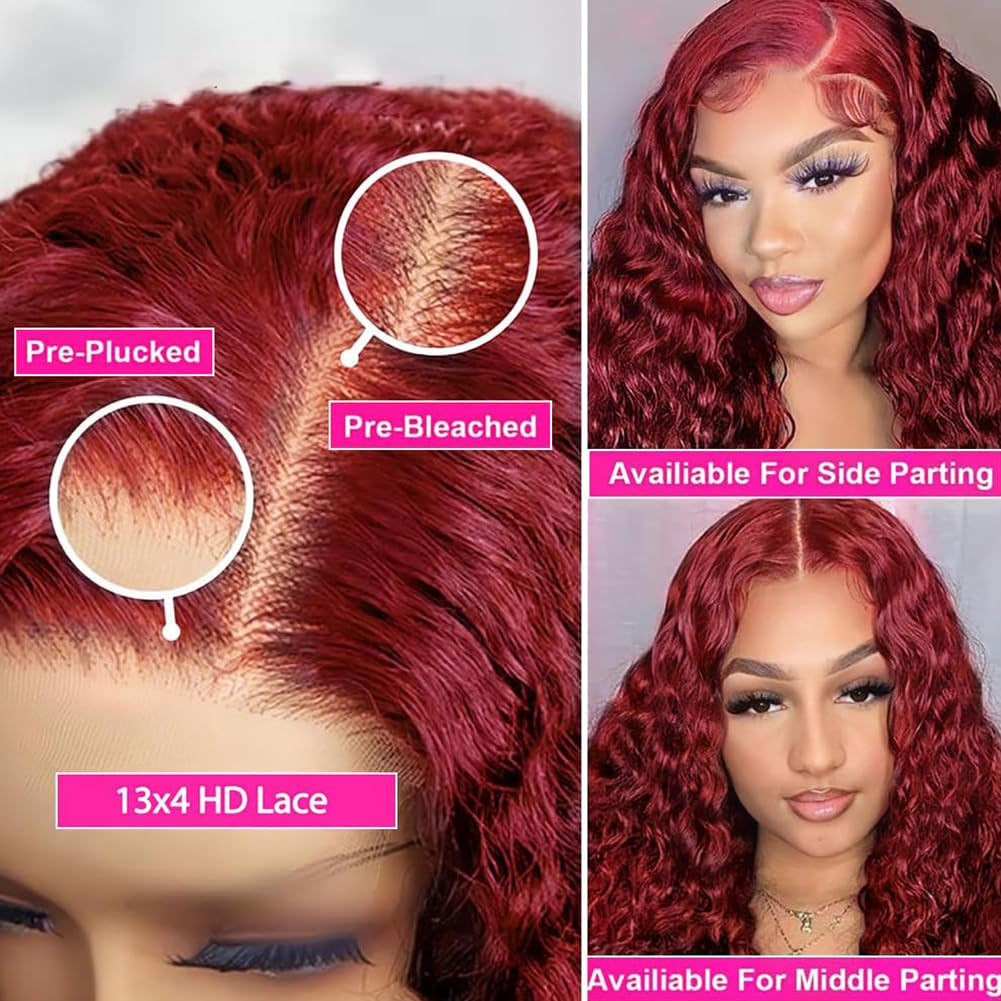 Burgundy Lace Front Wigs Human Hair 180% Density 13X4 Deep Wave Red Wig Human Hair Pre Plucked 99J Brazilian Virgin HD Lace Frontal Human Hair Wig Natural Hairline(Burgundy,22 Inch)