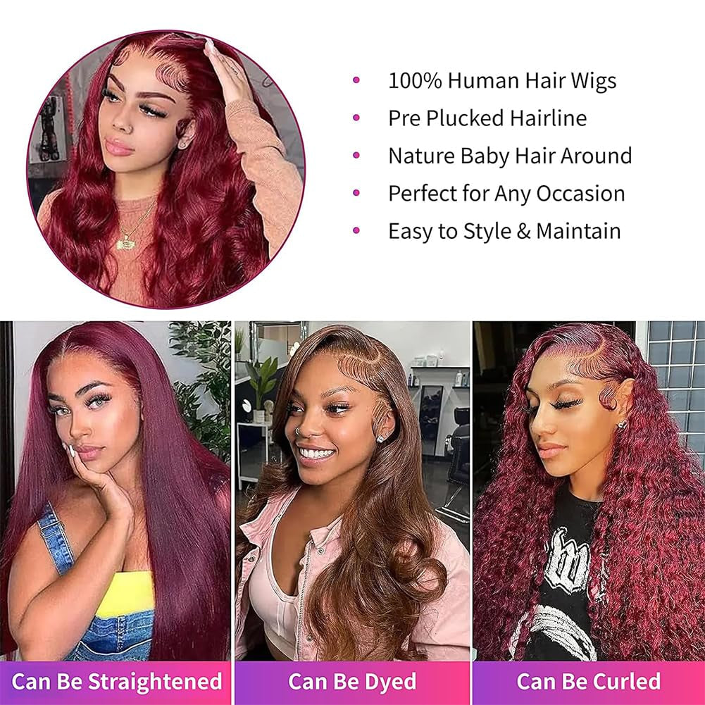 99J Burgundy Lace Front Wigs Human Hair 13X4 Lace Front Wigs Body Wave Wigs 180 Density HD Transparent Glueless Wigs Human Hair Pre Plucked with Baby Hair 22 Inch