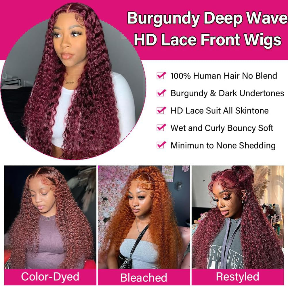 Burgundy Lace Front Wigs Human Hair 180% Density 13X4 Deep Wave Red Wig Human Hair Pre Plucked 99J Brazilian Virgin HD Lace Frontal Human Hair Wig Natural Hairline(Burgundy,22 Inch)