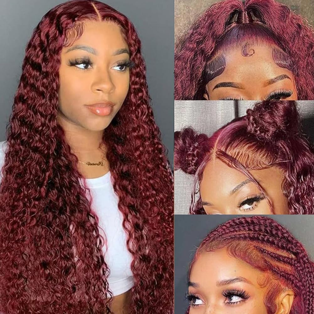 Burgundy Lace Front Wigs Human Hair 180% Density 13X4 Deep Wave Red Wig Human Hair Pre Plucked 99J Brazilian Virgin HD Lace Frontal Human Hair Wig Natural Hairline(Burgundy,22 Inch)