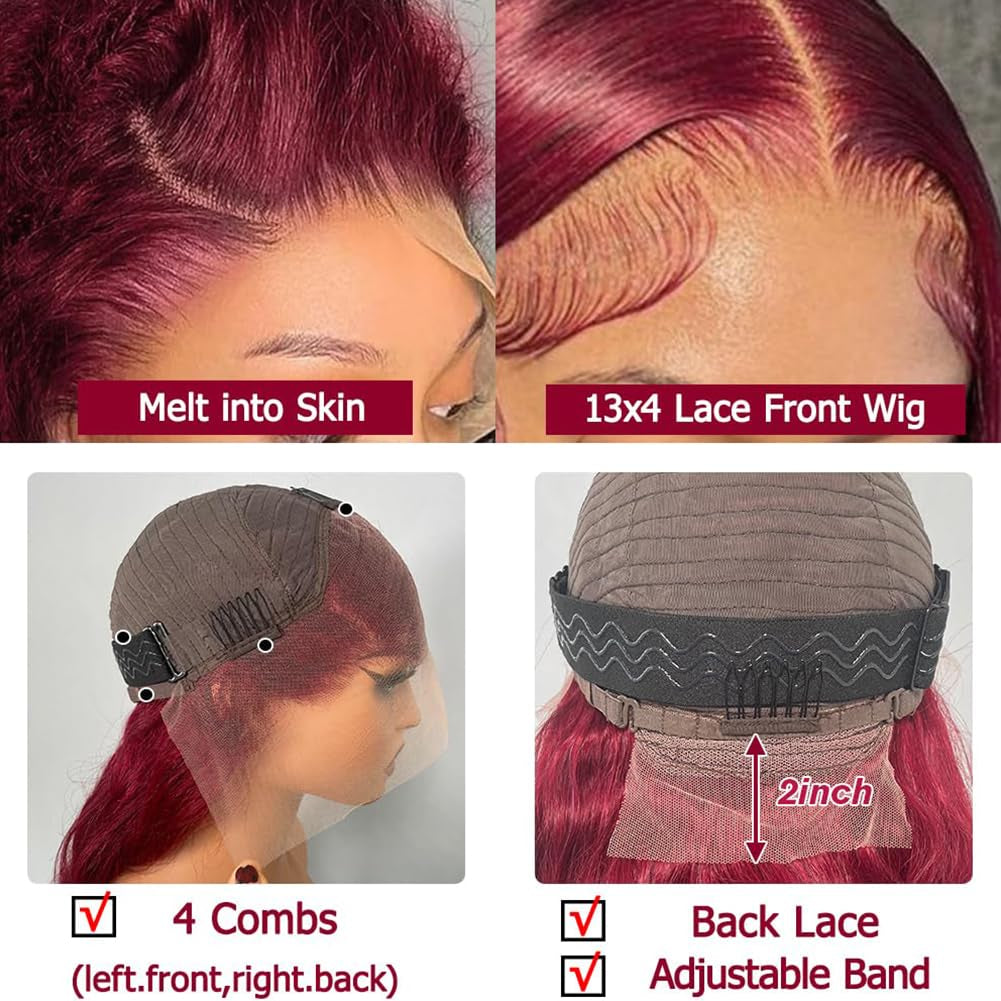 Burgundy Lace Front Wigs Human Hair 180% Density 13X4 Deep Wave Red Wig Human Hair Pre Plucked 99J Brazilian Virgin HD Lace Frontal Human Hair Wig Natural Hairline(Burgundy,22 Inch)