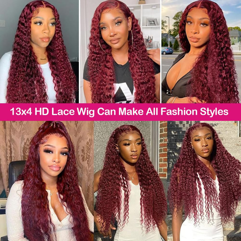 Burgundy Lace Front Wigs Human Hair 180% Density 13X4 Deep Wave Red Wig Human Hair Pre Plucked 99J Brazilian Virgin HD Lace Frontal Human Hair Wig Natural Hairline(Burgundy,22 Inch)