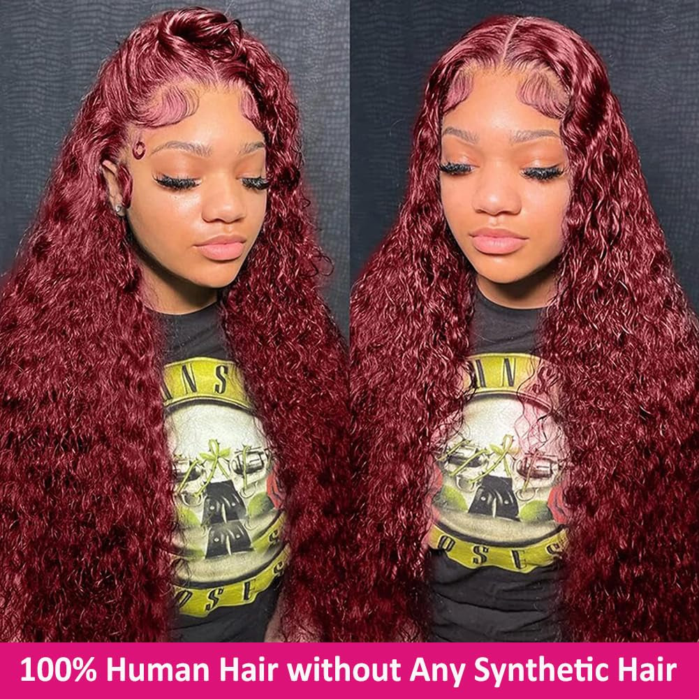 Burgundy Lace Front Wigs Human Hair 180% Density 13X4 Deep Wave Red Wig Human Hair Pre Plucked 99J Brazilian Virgin HD Lace Frontal Human Hair Wig Natural Hairline(Burgundy,22 Inch)