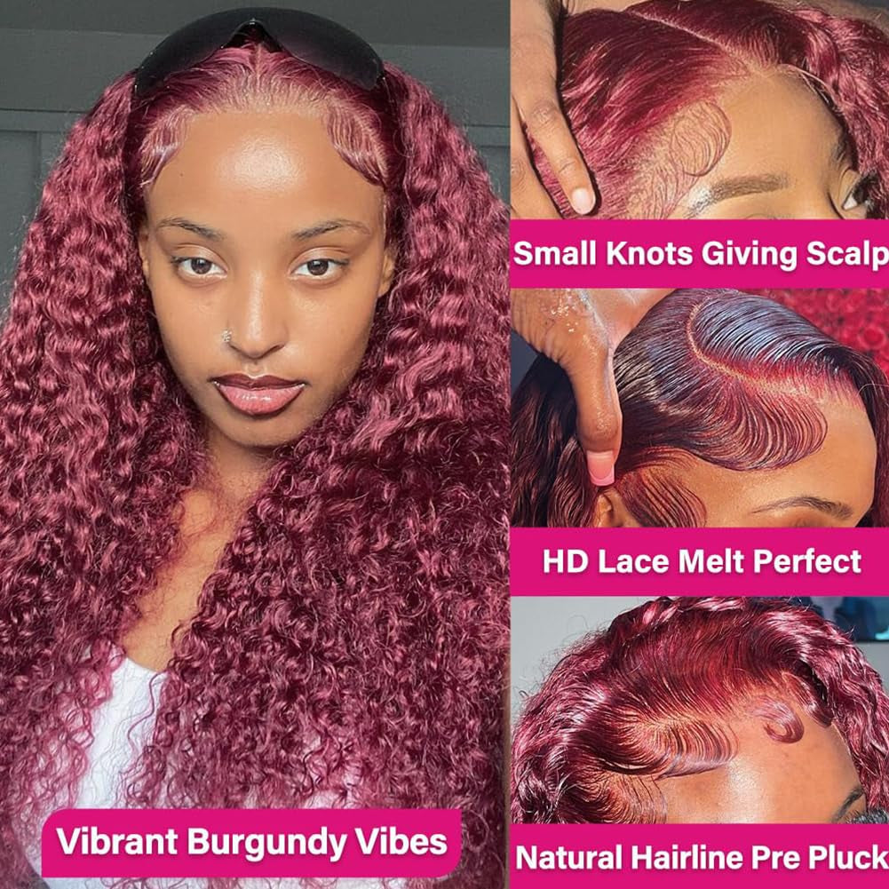 Burgundy Lace Front Wigs Human Hair 180% Density 13X4 Deep Wave Red Wig Human Hair Pre Plucked 99J Brazilian Virgin HD Lace Frontal Human Hair Wig Natural Hairline(Burgundy,22 Inch)