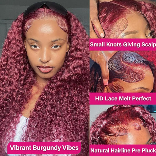 Burgundy Lace Front Wigs Human Hair 180% Density 13X4 Deep Wave Red Wig Human Hair Pre Plucked 99J Brazilian Virgin HD Lace Frontal Human Hair Wig Natural Hairline(Burgundy,22 Inch)